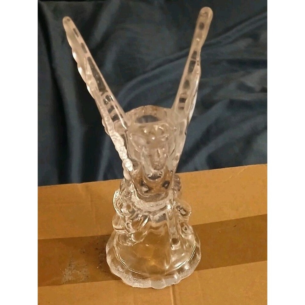 Vintage clear glass Angel Frosted Wings candle holder, Mantle Decor Xmas